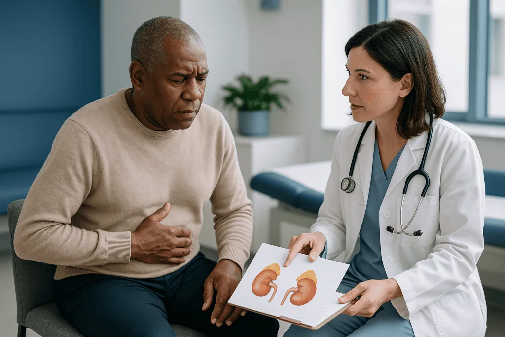 Doctor consulting patient about kidney disease with anatomical diagram — Primary vs secondary adrenal insufficiency: where th