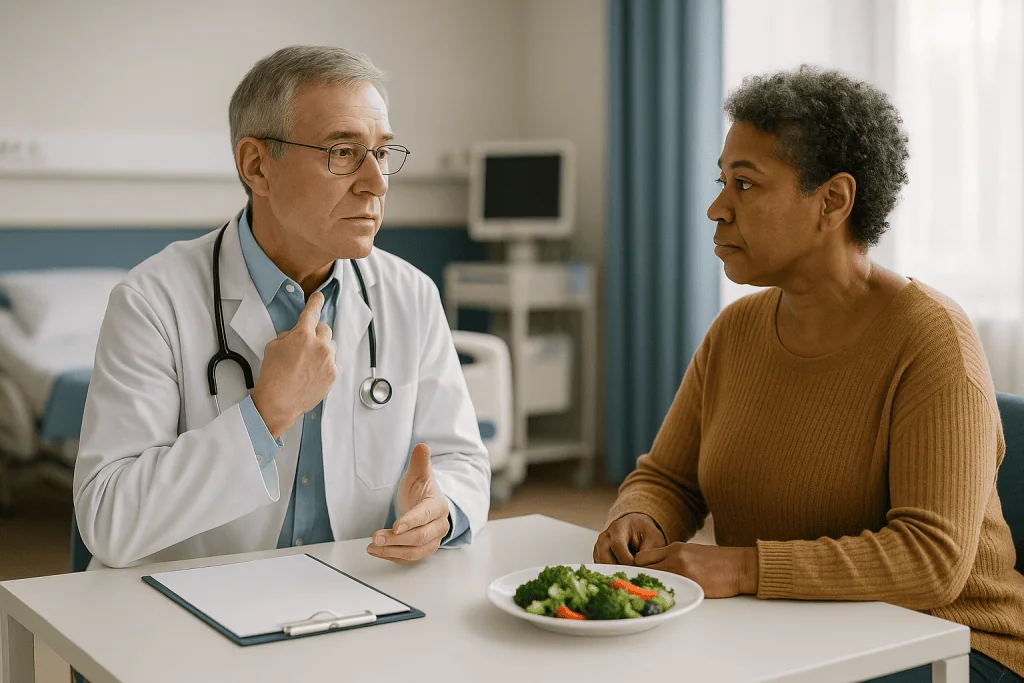 Doctor consulting patient about nutrition with salad — Primary vs secondary hyperparathyroidism: the one difference that matt