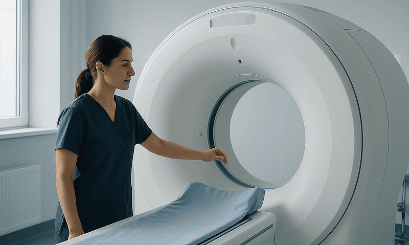 Medical technician prepares MRI machine for patient scan at Acibadem Hospital.