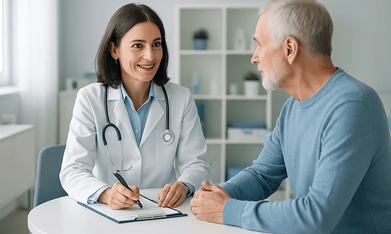 Doctor consulting with an elderly male patient in a medical office.