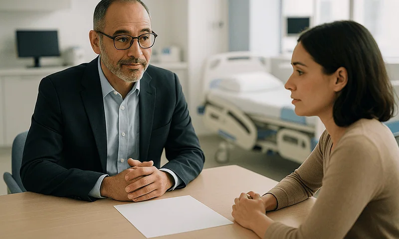Doctor consulting with a patient in a hospital room.