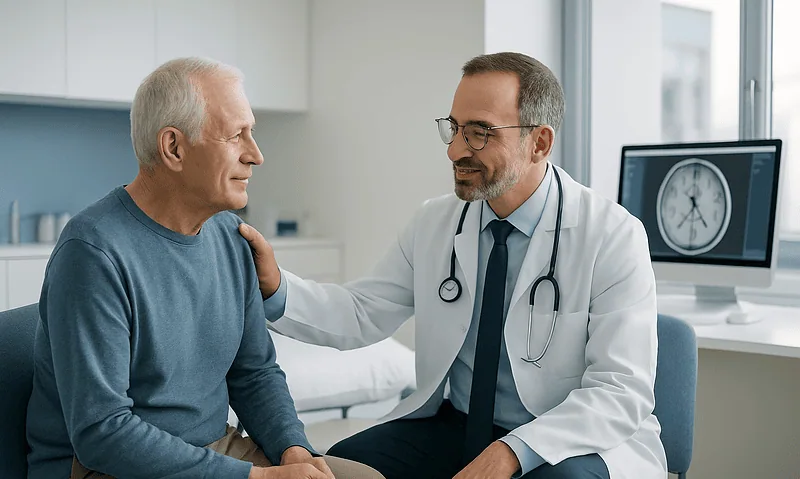 Doctor consulting with elderly patient in a medical office.
