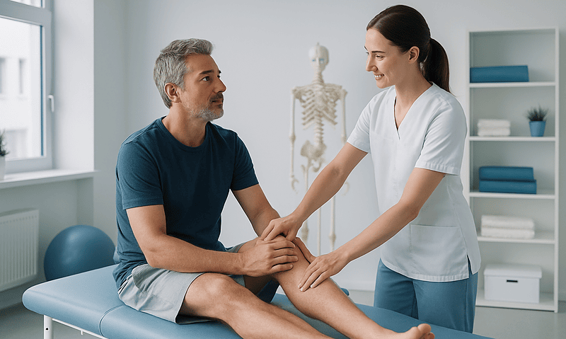 Physiotherapist examining patient's knee in a clinical setting.