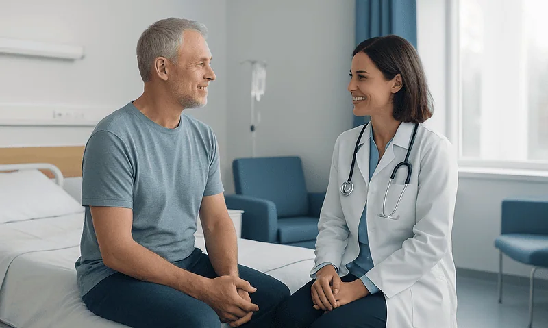 Doctor consulting with a male patient in a hospital room.