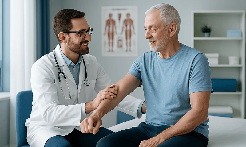 Doctor and patient shaking hands in a medical consultation room.