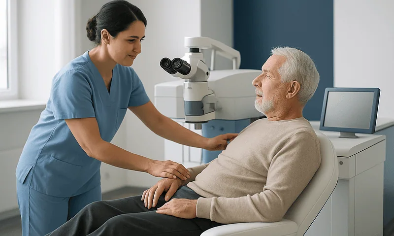 Optometrist examining elderly patient's eyes with a microscope in a clinic.