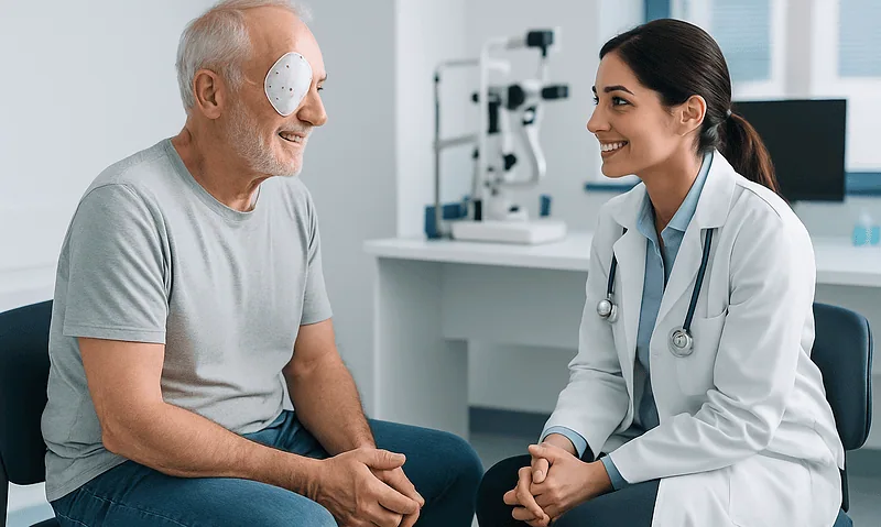 Optometrist consulting with elderly patient after eye surgery at clinic.