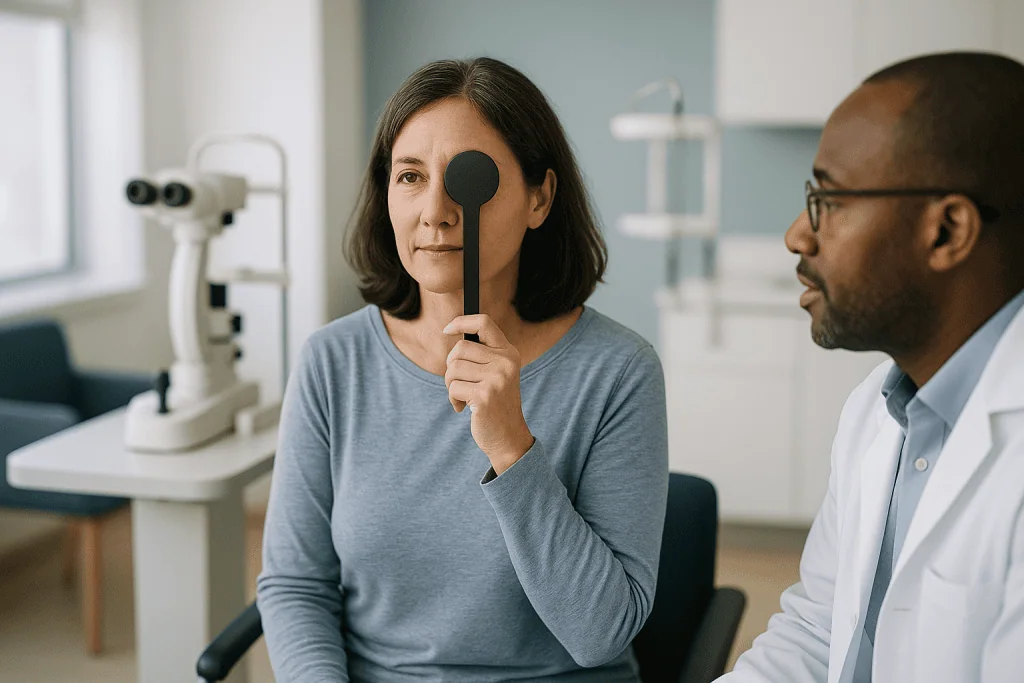 Ophthalmologist conducting eye examination with patient: PRK recovery timeline week by week