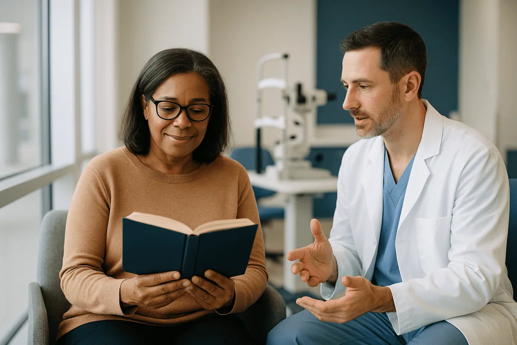 Doctor consulting patient with medical book indoors: PRK results: how long until you see clearly, in plain terms