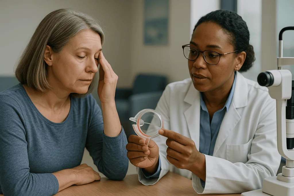 Ophthalmologist consulting patient about corneal condition: PRK vs LASIK with a thin cornea: why the flap matters