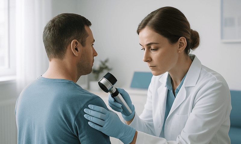 Doctor examining patient's skin with dermatoscope in clinic setting.
