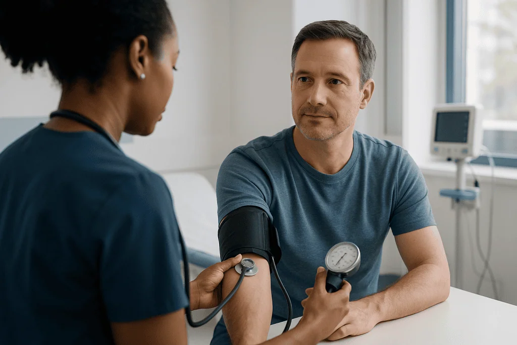 Progressive Supranuclear Palsy 1 Doctor measuring blood pressure of a patient in a hospital setting.