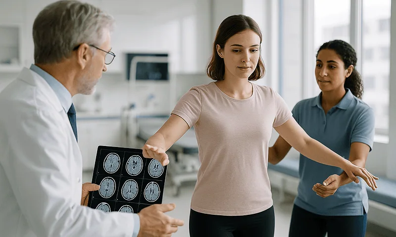 Doctor explaining brain scan results to a young woman in a medical setting.