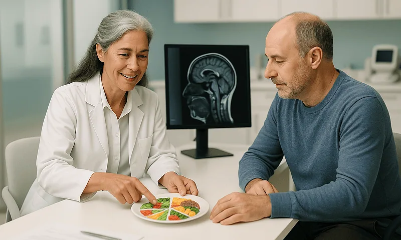Doctor and patient discussing health with brain scan in background.