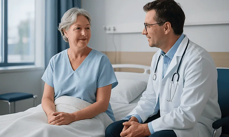 Doctor consulting with an elderly female patient in a hospital room.
