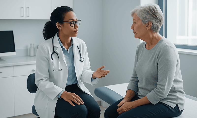 Doctor consulting with an elderly female patient in a medical office.