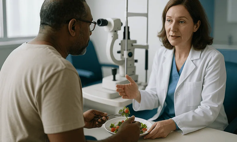 Ophthalmologist explaining retinal health to patient during eye exam.