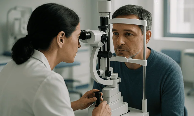 Ophthalmologist examining patient's eye with slit lamp in clinic.
