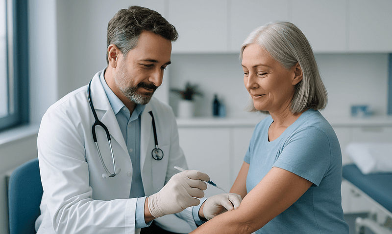 Doctor administering a ligament injection to an elderly woman in a clinical setting.