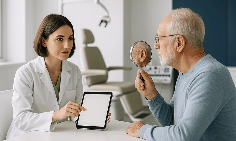 ENT specialist examining patient's ear with a mirror in a clinic setting.