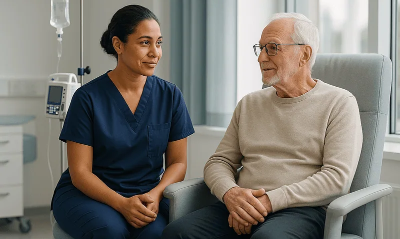 Doctor consulting with elderly male patient in hospital room.