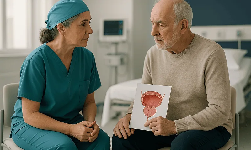 Urologist explains prostate health to elderly patient in hospital room.