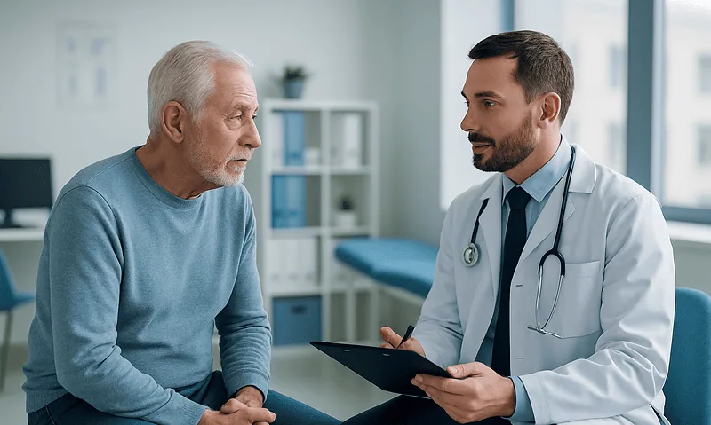 Doctor consulting with elderly male patient in a medical office.