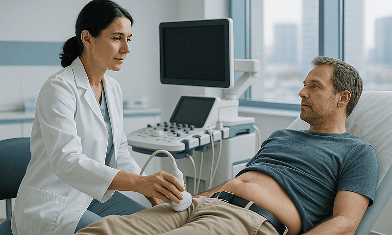 Urologist performs ultrasound examination on male patient in hospital.
