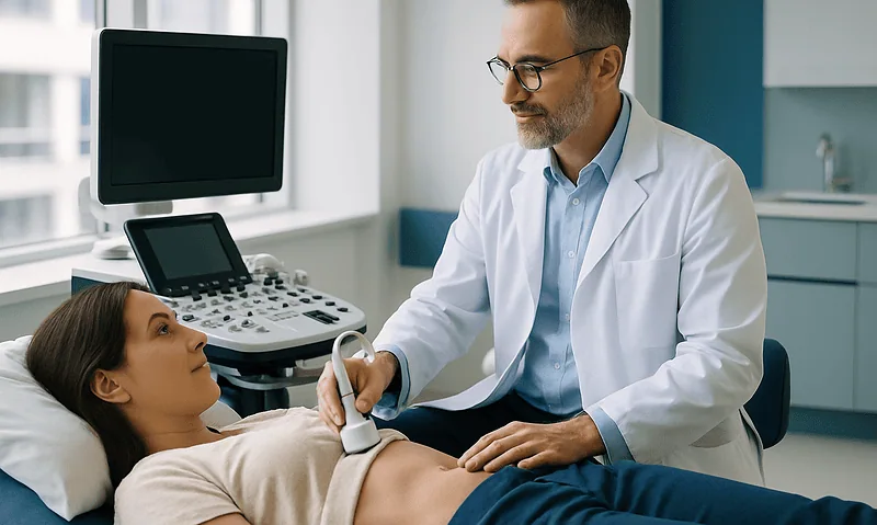 Urologist examining a patient with ultrasound in a hospital room.