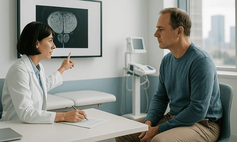 Urologist explaining prostate MRI scan to patient in consultation room.