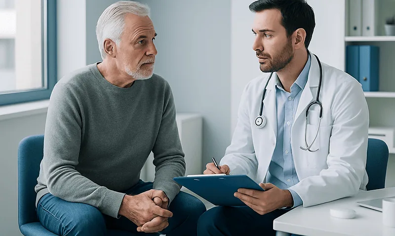 Urologist consulting with an elderly male patient in a medical office.