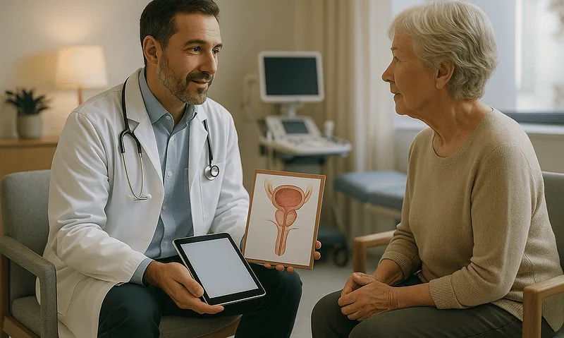 Urologist explaining prostate health to an elderly woman in a consultation room.