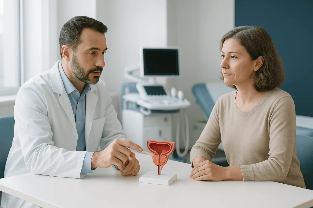 Prostatic Hyperplasia Treatment 1 Urologist explaining prostate health to a female patient with a model of the prostate gland.