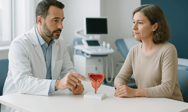 Urologist explaining prostate health to a female patient with a model of the prostate gland.