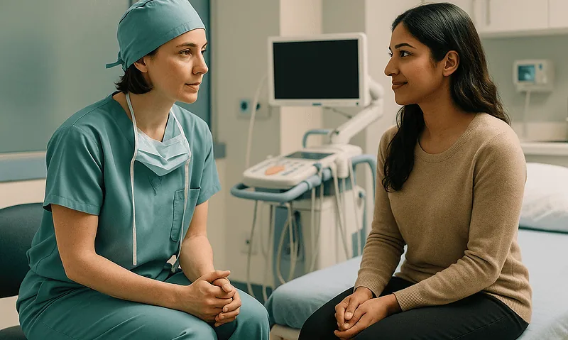 Doctor and patient having a consultation in a hospital room.