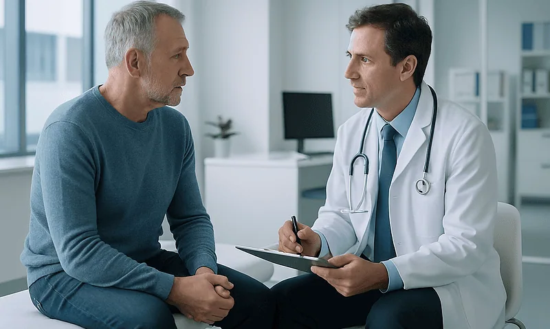 Urologist consulting with an older male patient in a modern clinic setting.
