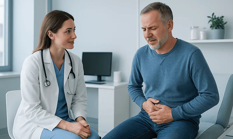 Doctor consulting with male patient about prostate health in clinic.