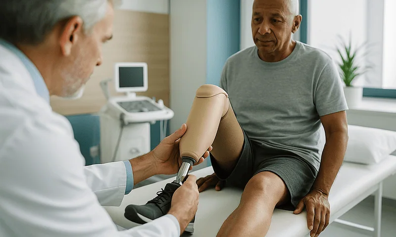 Doctor fitting a prosthetic limb on a patient in a clinical setting.