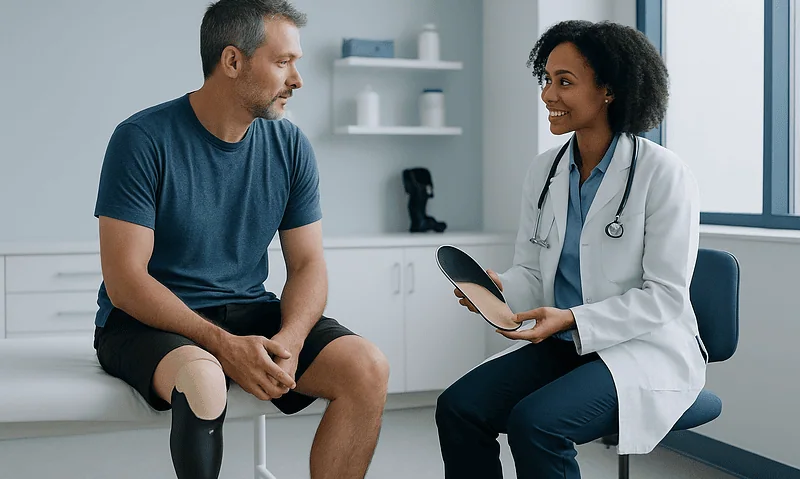 Doctor consulting with patient about prosthetics and orthotics options.