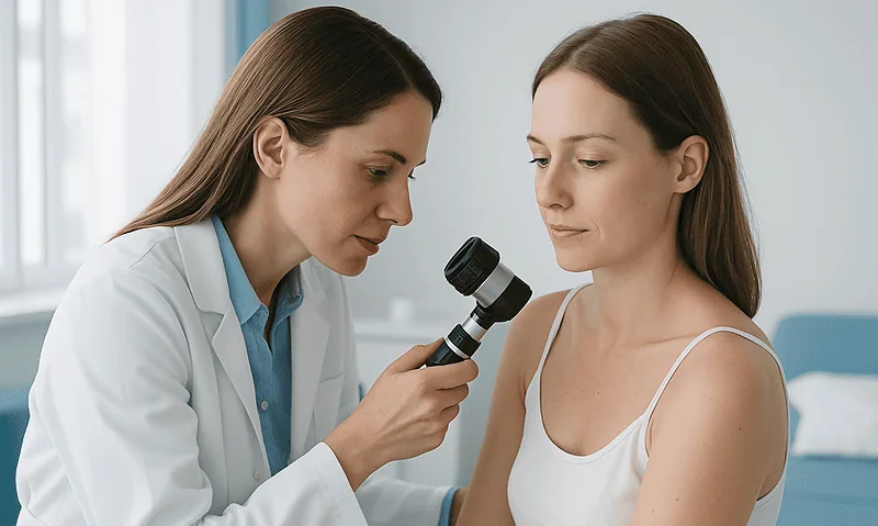 Protecting Hands and Feet From Cold With Scleroderma: Practical Care Between Visits 7 Doctor examining patient's skin with a dermatoscope in a clinical setting.