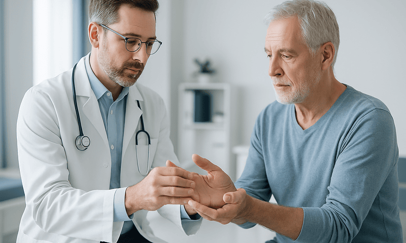 Protecting Joints With Hemophilia: Exercise, Physiotherapy and Everyday Precautions 5 Doctor examining elderly patient's hand for joint health assessment.