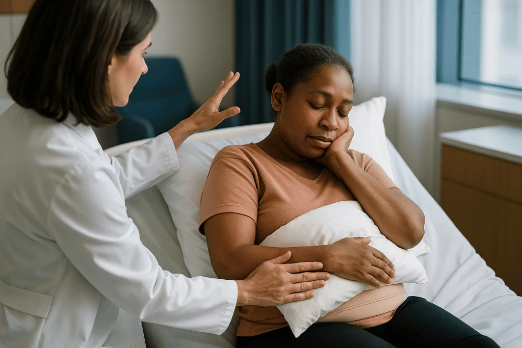 Healthcare provider consulting pregnant woman in hospital bed: Protecting the grafted area: pressure, position and sleep