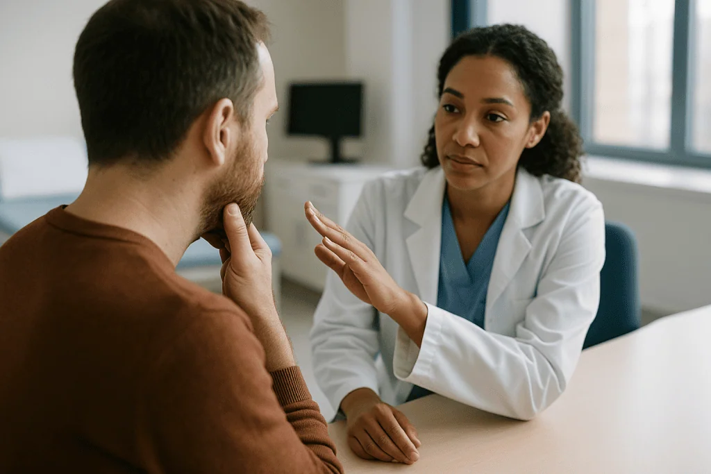 Doctor consulting with patient about symptoms or condition: Protecting the inferior alveolar nerve during lower jaw cyst rem