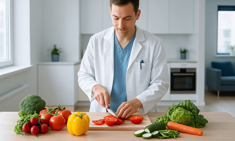 Doctor preparing fresh vegetables in a modern kitchen.