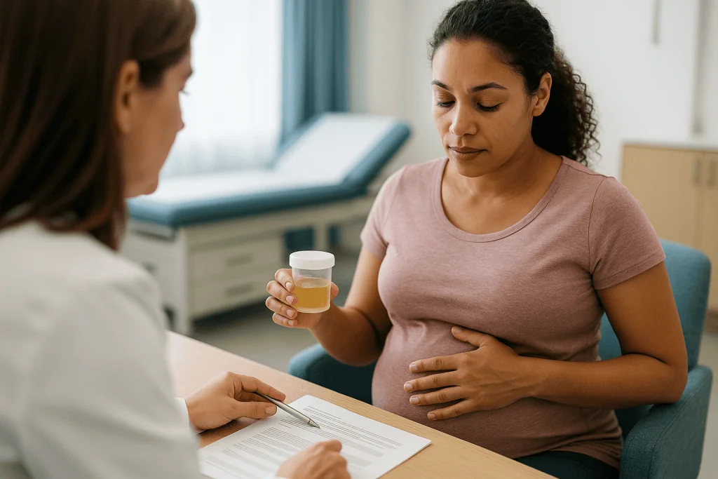 Pregnant woman in medical consultation holding urine sample: Protein creatinine ratio pregnancy: what the number tells your 