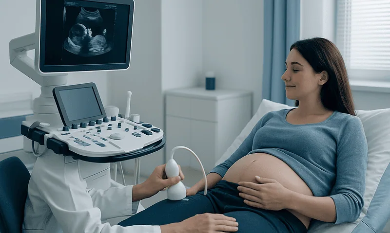 Pregnant woman undergoing ultrasound examination at hospital.