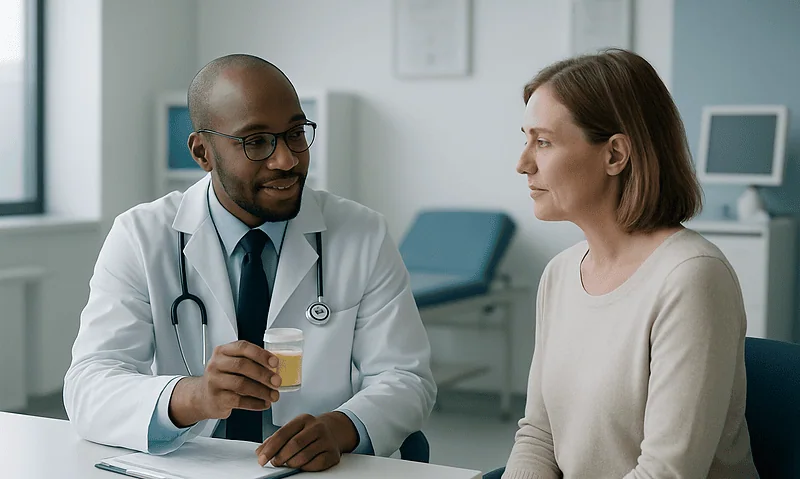 Doctor discussing urine test results with a female patient in a clinic.