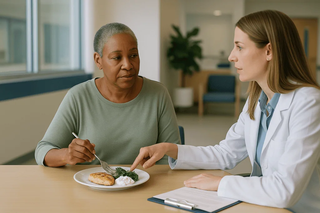 Dietitian consulting patient about meal with protein and vegetables: Protein intake on GLP-1 medicines: how much and from wh