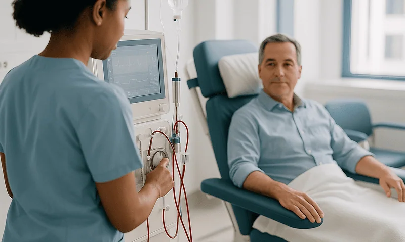 Patient receiving dialysis treatment in a hospital setting.