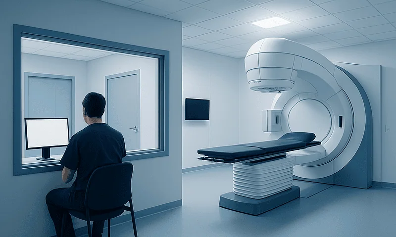 Modern proton therapy machine in a hospital room at Acibadem Hospitals Group.